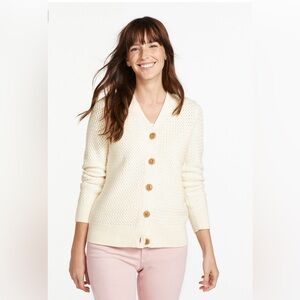 L.L. Bean Women's Basket Weave Open Cardigan Button Front Sweater Cream Medium